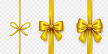 Bow Set Isolated On Transparent Background. Vector Vertical Gold Satin Ribbons, Golden Xmas Wrap Elements Template..