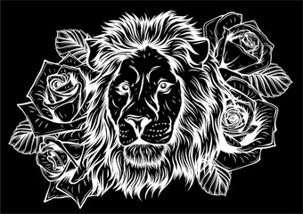 Sticker - The head of a lion in a flower ornament in black background