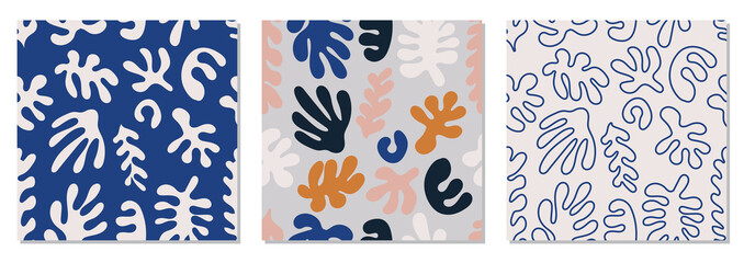 trendy set of seamless pattern with abstract organic cut out matisse inspired shapes in neutral colo