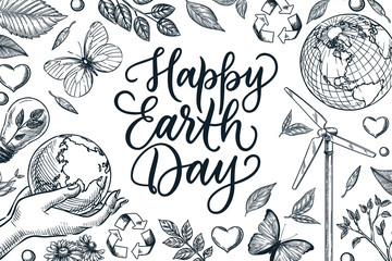 Happy Earth Day banner poster with calligraphy lettering. Vector sketch illustration of nature and ecology symbols