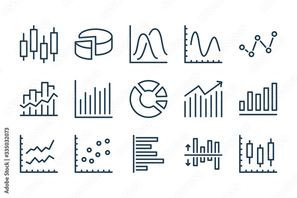 Graph and Chart related line icons. Statistics and analytics vector icon set. - obrazy, fototapety, plakaty 