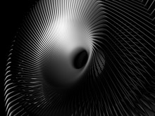3d Render Of Abstract Art Black And White Industrial 3d Background With Part Of Surreal Turbine Jet Engine With Sharp Aluminum Metal Blades And Black Hole In The Centre, In The Dark