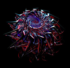 Wall Mural - 3d render of abstract art of surreal 3d turbine jet engine or flower with sharp blades in matte and glossy aluminum and silver metal material in red and blue gradient color on black background