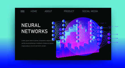 Aufkleber - Web site template for Big Data  analysis, Artificial intelligence and  Information science. Illustration of Neural Network scheme.