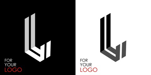 Wall Mural - Isometric letter L. From stripes, lines. Template for creating logos, emblems, monograms. Black and white options. 3D art symbol. Vector