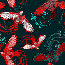 Creative Seamless Pattern With Hand Drawn Chinese Art Elements: Phoenix, Lantern, Fan And Flowers. Trendy Print. Fantasy Chinese Phoenix, Great Design For Any Purposes. Asian Culture. Abstract Art.
