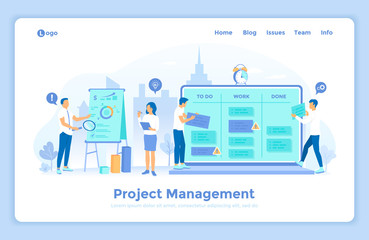 Wall Mural - Project Management, Application Service for corporate managing, Team control, Manager work. Business team working on projects. landing web page design template decorated with people characters. 