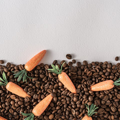 Wall Mural - Creative flat lay composition with Easter carrots and coffee roasted beans. Pastel colors and soft shadows. Realistic aesthetic look. Contemporary style.