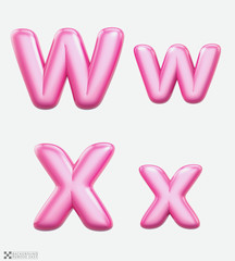 Wall Mural - Letters W, X, bublle. Uppercase and lowercase. Font bubble gum. 3D render set of pink cartoon. Bubble Gum isolated on white background.  Modern font.