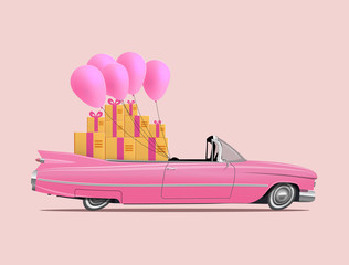 Retro cartoon pink car roadster with full saloon of gift boxes and pink balloons. Gift delivery service concept or happy birthday card design template. Vector illustration