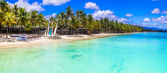  panoramic view of beautiful tropical beach Trou aux Biches in Mauritius island