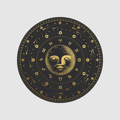 vector illustration set of moon phases. different stages of moonlight activity in vintage engraving 