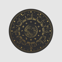 Wall Mural - Vector illustration set of moon phases. Different stages of moonlight activity in vintage engraving style. Zodiac Signs