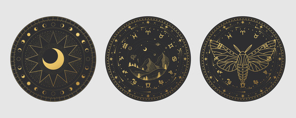 Wall Mural - Vector illustration set of moon phases. Different stages of moonlight activity in vintage engraving style. Zodiac Signs