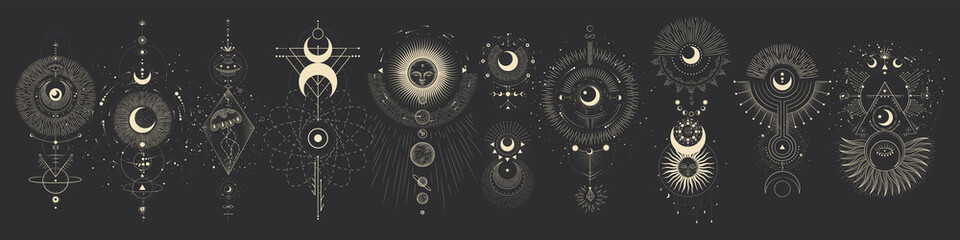 vector illustration set of moon phases. different stages of moonlight activity in vintage engraving 