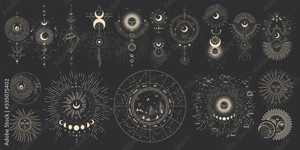 Vector illustration set of moon phases. Different stages of moonlight activity in vintage engraving style. Zodiac Signs - obrazy, fototapety, plakaty 