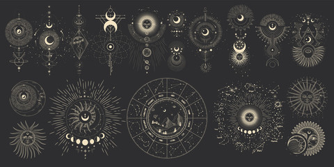 vector illustration set of moon phases. different stages of moonlight activity in vintage engraving 
