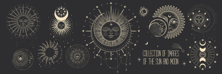 Vector illustration set of moon phases. Different stages of moonlight activity in vintage engraving style. Zodiac Signs