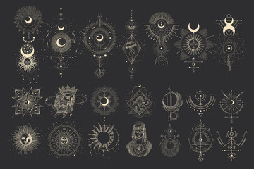 vector illustration set of moon phases. different stages of moonlight activity in vintage engraving 