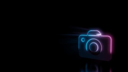 Wall Mural - abstract 3d rendering glowing blue purple neon symbol of photo camera with glowing outlines with ray