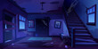 © klyaksun - Old abandoned house with mess and broken furniture at night. Vector cartoon interior of empty home hallway with dirty walls, boarded up door, garbage, broken wooden staircase and crack in floor
