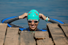 One Caucasian Woman Practicing Triathlon Swimming