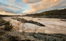 Over View Of Rapids Of Potomac River In Slow Motion At Sunset In Great Falls Park, Virginia. Great Falls Park Is A Small National Park Service Site In Virginia Near Washington DC, United States.