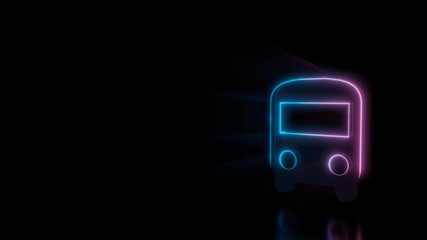 Poster - Abstract 3d rendering glowing blue purple neon symbol of front view of a bus with glowing outlines with rays on black background with reflection