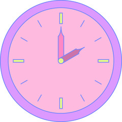 The round clock of alarm with purple corpus and rose face or dial. Two or fourteen hours o'clock