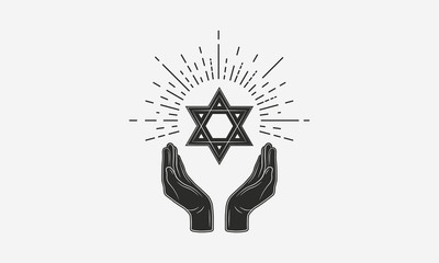 Wall Mural - vintage jewish logo. hands with star of david and sunburst. jewish icon. vector illustration