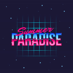 Wall Mural - summer paradise retro futuristic glow logo. neon logo design. vector print for t-shirt, typography.
