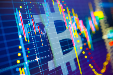 Wall Mural - Data analyzing in exchange stock market: the candle chars on display. Classic BTC/Bitcoin volatility against the US dollar. Statistics changes of cryptocurrency price.