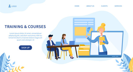 Wall Mural - illustrated training and courses theme with online teacher teaching people at desk. vector illustrat