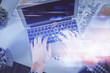 © peshkova - Double exposure of man's hands typing over computer keyboard and data theme hologram drawing. Top view. Technology concept.