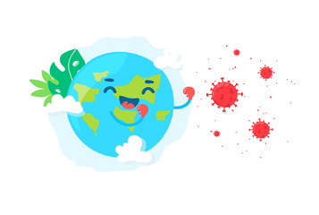  Сartoon Earth in boxing gloves  is fighting a molecule of coronavirus. Flat style. Vector.