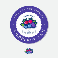 Wall Mural - Label for wild berry jam. Round sticker for jar with berries, leaves and letters in a circle. Original berries illustration.