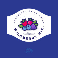 Wall Mural - Label for wild berry jam. Sticker for jar with different berries, leaves and letters in a circle. Original berries illustration.