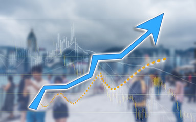 Double exposure of stocks market chart; concept for hong kong stock market or business or labor