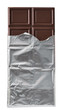 Dark chocolate bar in silver foil packaging top view isolated