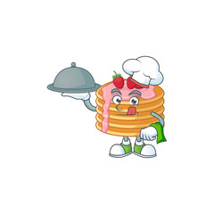 Wall Mural - A strawberry cream pancake chef cartoon design with hat and tray