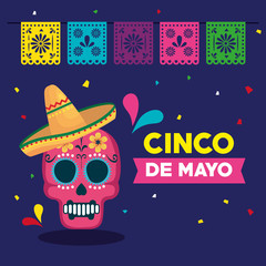 Canvas Print - cinco de mayo poster with skull and decoration vector illustration design