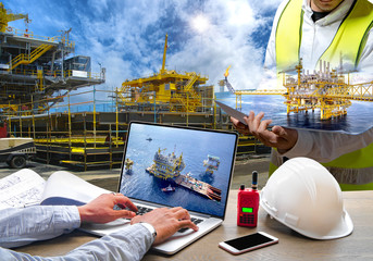 Wall Mural - Drilling rig construction and transportation industry for installation Offshore, Manufacturing industrial and Worker equipment safety concept image