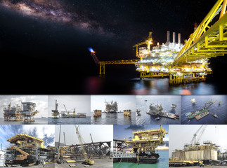 Wall Mural - Industry 4.0 concept. Drilling rig crude oil and gas industry. Structure construction of rig ready for shipment with towing vessel for installation at oilfield offshore in the gulf Thailand