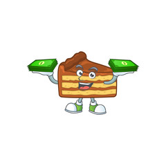 Sticker - A cheerful chocolate slice cake mascot design with some money on hands