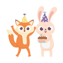 happy day, fox rabbit with cake and party hat