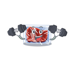 Sticker - Mascot design of smiling Fitness exercise frozen beef lift up barbells