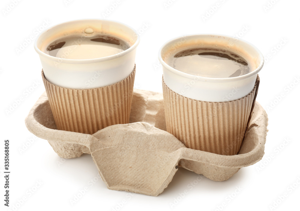 Takeaway coffee cups on white background