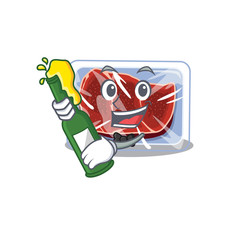 Wall Mural - Mascot character design of frozen beef say cheers with bottle of beer