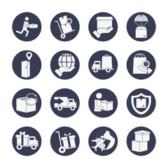 Sticker - trucks and delivery icon set, block style