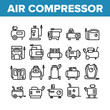 © vectorwin - Air Compressor Device Collection Icons Set Vector. Air Compressor, Pump Electronic Equipment, Professional Tool Instrument Concept Linear Pictograms. Monochrome Contour Illustrations